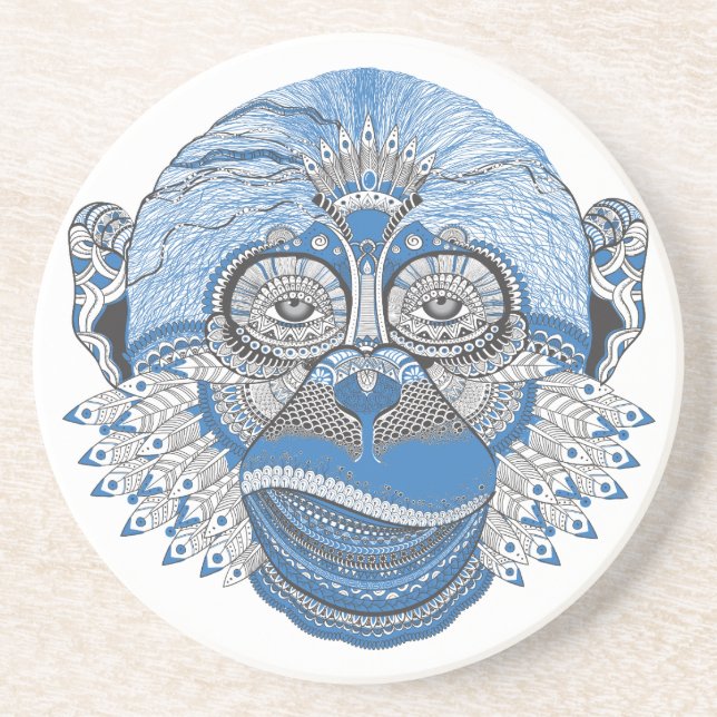 Blue Monkey Face with Pattern and Feathers Coaster (Front)