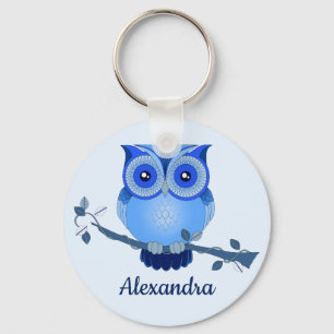 Blue Monochromatic Cartoon Owl Keychain