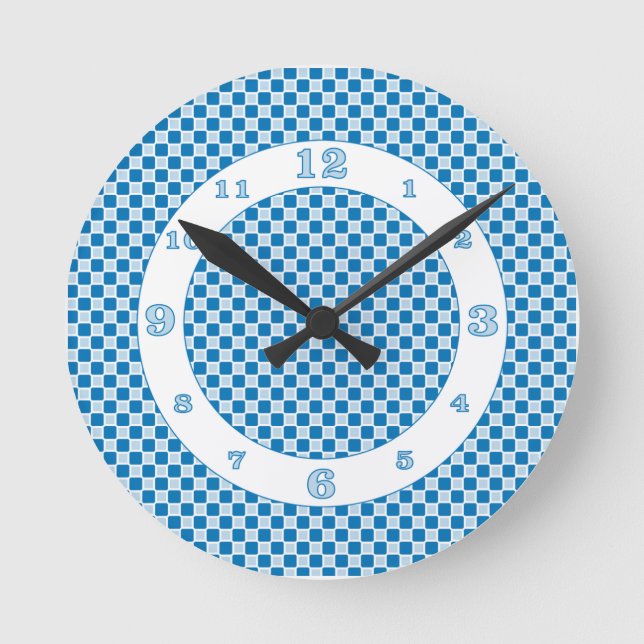 Blue Monochromatic Checks Round Clock (Front)