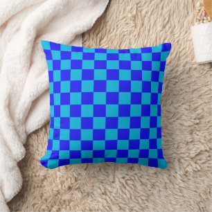 Blue Monochrome Chequerboard Pattern Throw Pillow