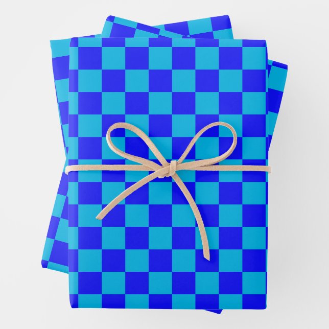 Blue Monochrome Chequerboard Pattern Wrapping Paper Sheet (In situ)