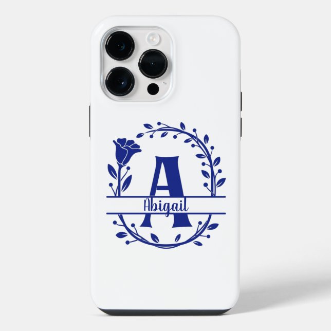 Blue Monogram A, Initial A, Letter A, Floral  iPhone Case (Back)