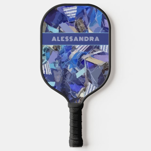 Blue monogram abstract pattern purple white stripe pickleball paddle (Front)