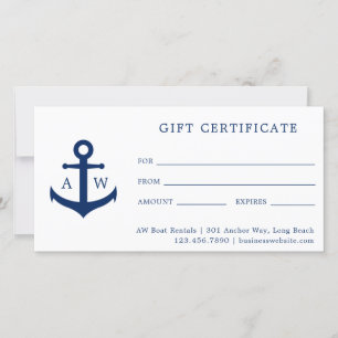 Blue Monogram Anchor Business Gift Certificate
