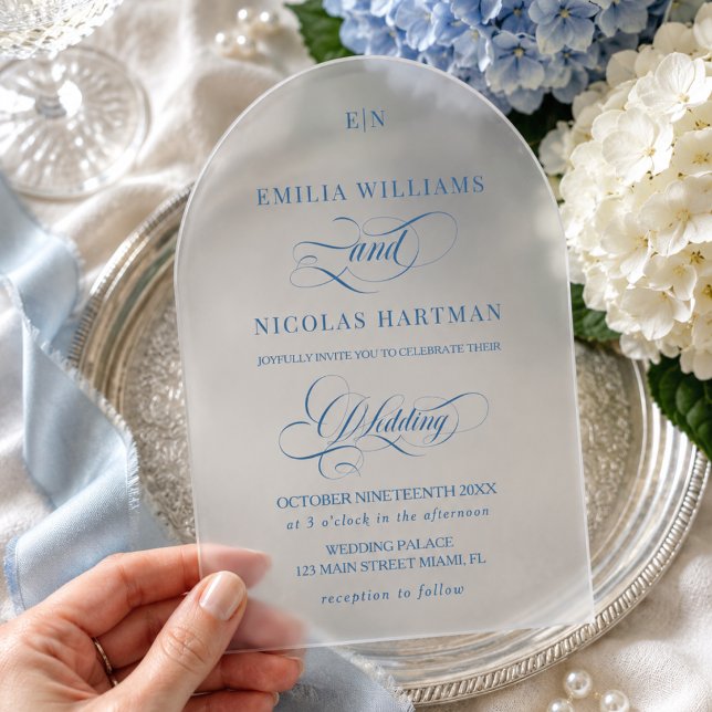 Blue Monogram Arch Shaped Wedding Acrylic Invitations (Creator Uploaded)