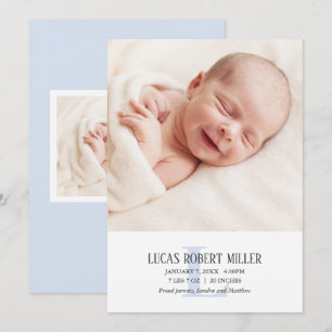Blue Monogram Baby Birth Announcement Photo Card