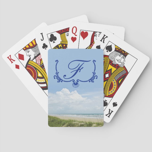 Blue Monogram Beach with Sand Dune Personalized Playing Cards (Back)