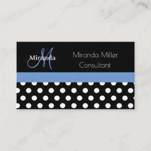 Blue Monogram Black White Polka Dot Business Card