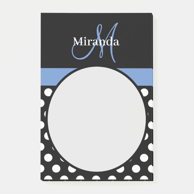 Blue Monogram Black White Polka Dot Post-it Notes (Front)