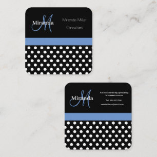 Blue Monogram Black White Polka Dot Square Business Card