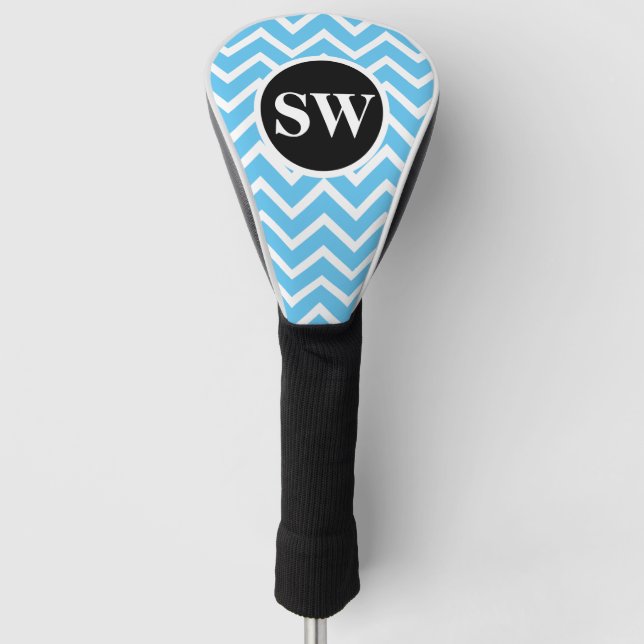 Blue monogram chevron pattern mens fathers golf head cover (Front)