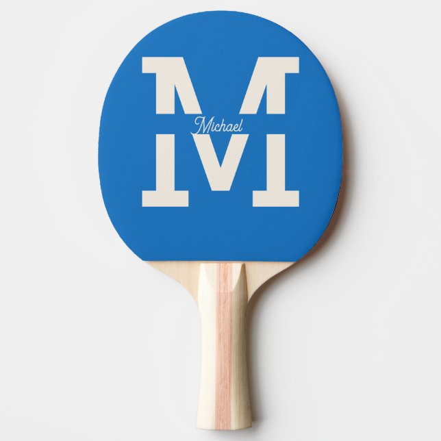 Blue Monogram Classic Personalized Chequered Back Ping Pong Paddle (Front)