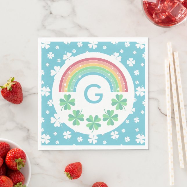 Blue Monogram Clover & Rainbow Boy Lucky One  Napkin (Insitu)