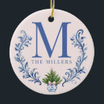 Blue Monogram Crest with Christmas Tree  Ceramic Ornament<br><div class="desc">This Christmas design has a preppy grandmillennial design featuring a navy blue damask crest on a blush pink background. There is a place  to add your monogram initial and name.</div>
