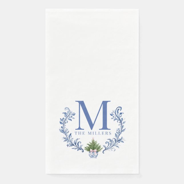 Blue Monogram Crest with Christmas Tree  Napkin (Front)