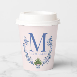 Blue Monogram Crest with Christmas Tree Paper Cups