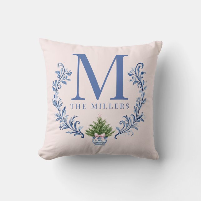 Blue Monogram Crest with Christmas Tree  Throw Pillow (Front)