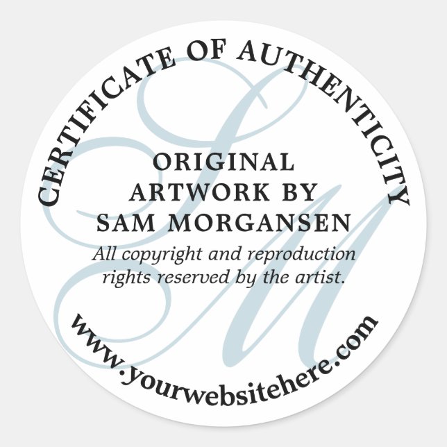 Blue Monogram Elegant Certificate of Authenticity Classic Round Sticker (Front)