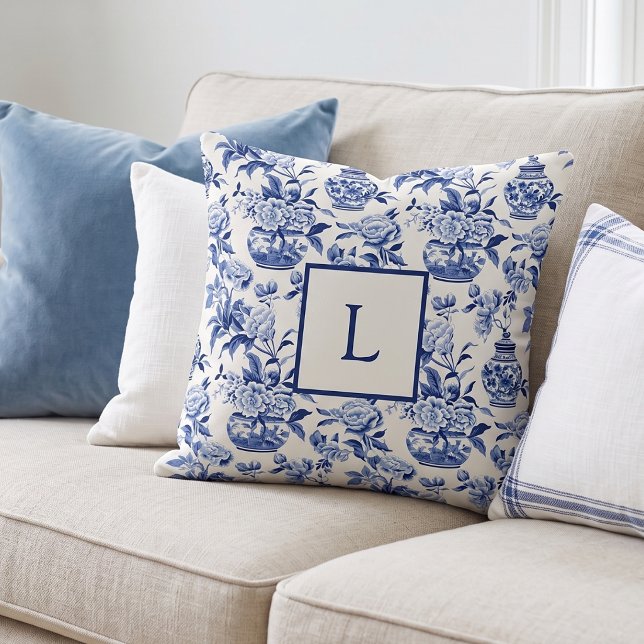 Blue Monogram French Country Throw Pillow (Creator Uploaded)