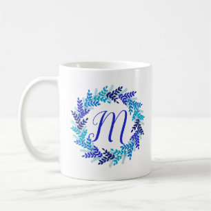 Blue Monogram Initial Christmas Wreath Coffee Mug