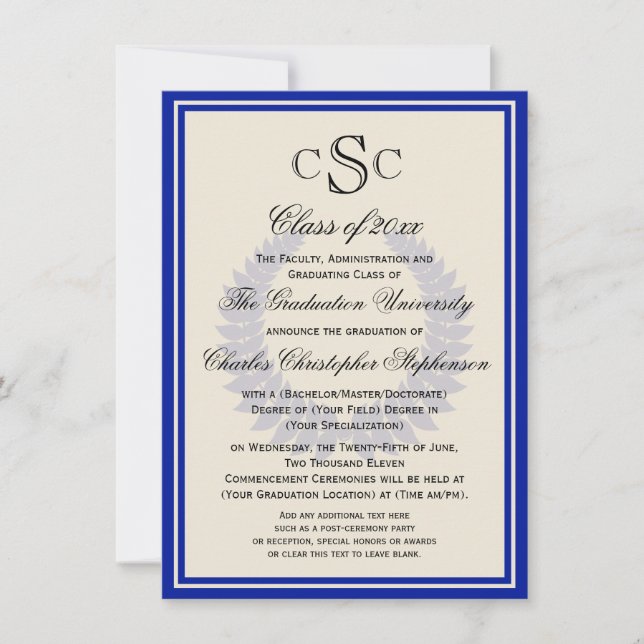 Blue Monogram Laurel Classic College Graduation Invitation (Front)