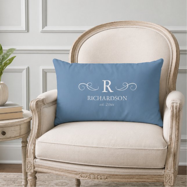 Blue Monogram Lumbar Pillow (elegant blue custom family monogram est date lumbar pillow)