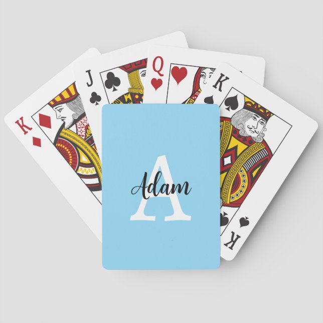 Blue Monogram Name Script Personalized Design Playing Cards (Back)