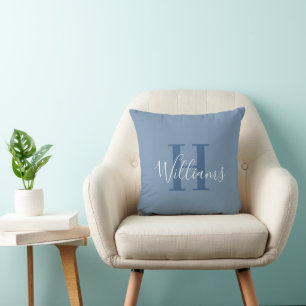 Blue Monogram Name Script Typography Throw Pillow
