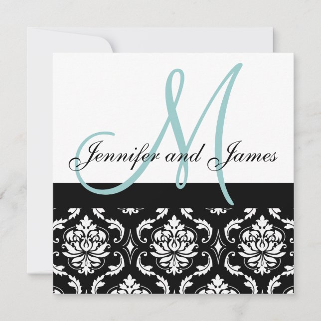 Blue Monogram Names Damask Wedding Invitation (Front)