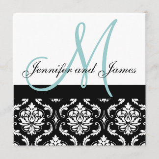 Blue Monogram Names Damask Wedding Invitation