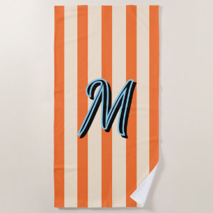 Blue Monogram Papaya Orange Cream Summer Stripes Beach Towel