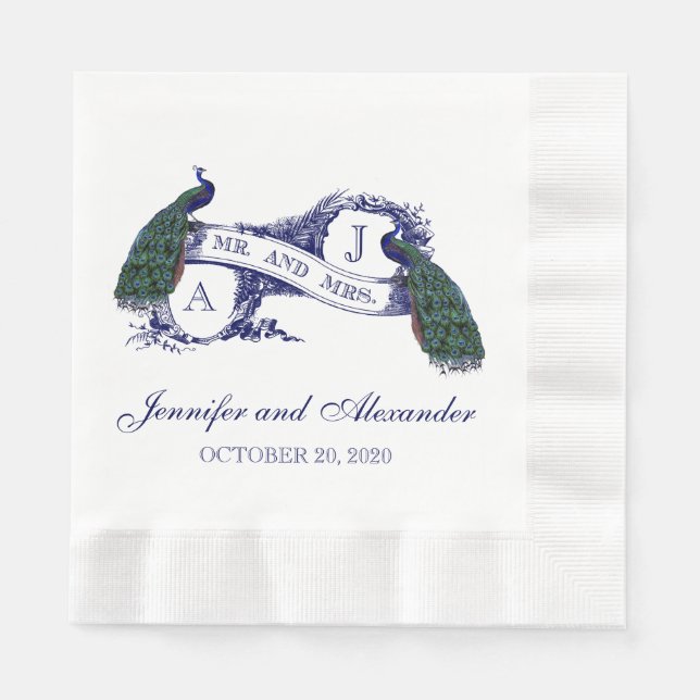 Blue Monogram Peacock Wedding Paper Napkins (Front)