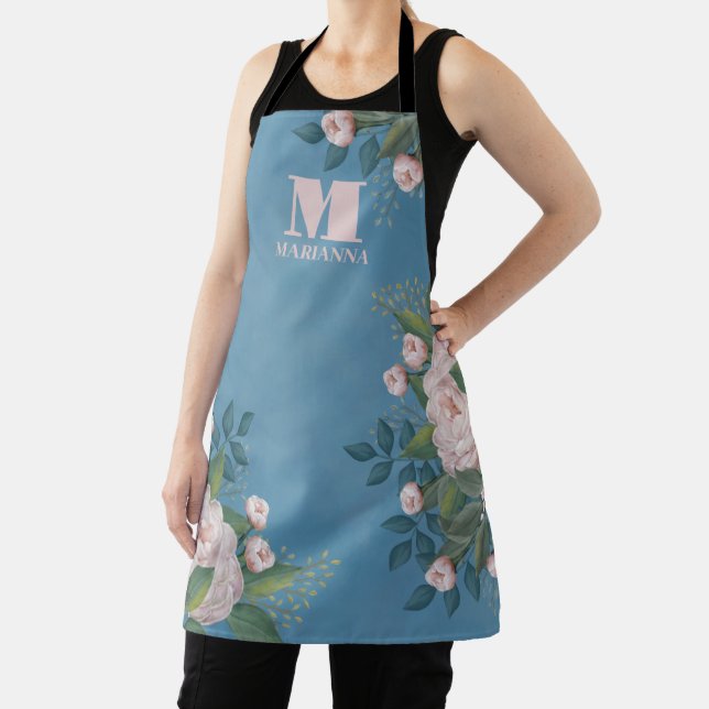 Blue Monogram Personalized Pink Floral Roses Apron (Insitu)