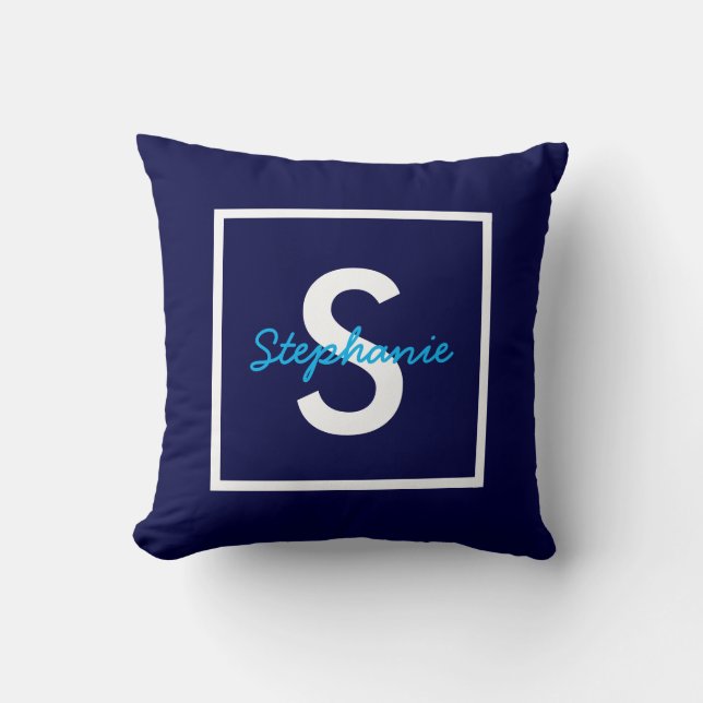 Blue Monogram Personalized Throw Pillow (Front)