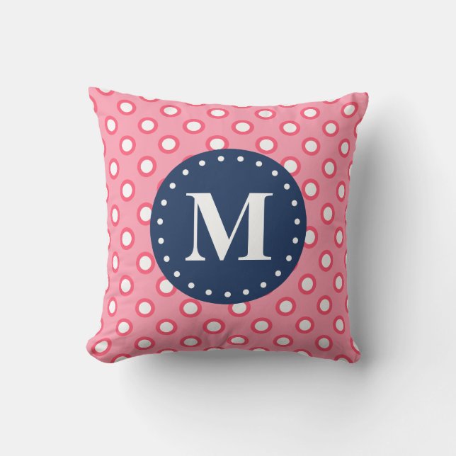 Blue Monogram Pink Polka Dots Pattern Throw Pillow (Front)