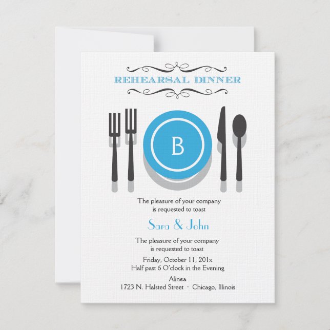 Blue Monogram Rehearsal Dinner Invitation (Front)
