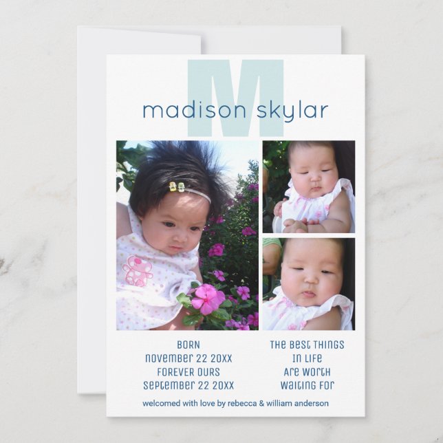 Blue Monogram Simple Adoption 3 Photo Collage Announcement (Front)