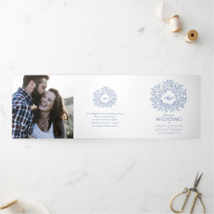 Blue monogram story dedication photo wedding Tri-Fold programme