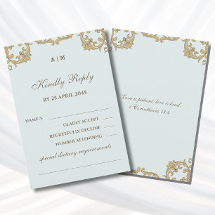 Blue Monogram Victorian Christian Wedding RSVP  Card
