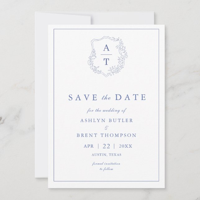Blue Monogram Wedding Save the Date Invitation (Front)