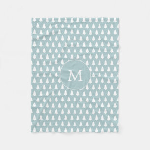 Blue Monogram White Christmas Tree Pattern Gift Fleece Blanket