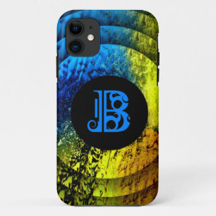 Blue Monogramed B on Gold, Blue and Black iPhone 11 Case