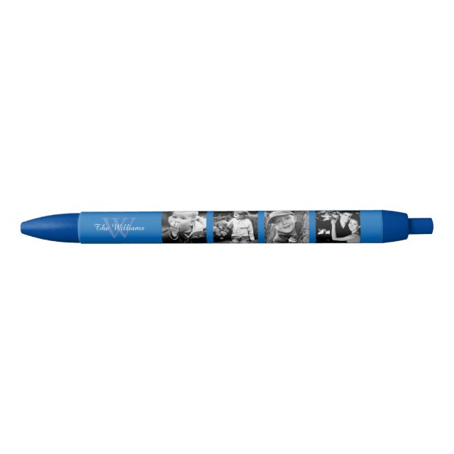 Blue Monogrammed Family Photo Collage Blue Ink Pen (Front)