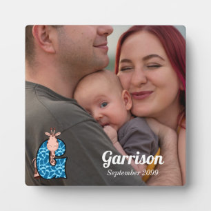 Blue Monogrammed G with Giraffe Baby's Photo Plaque
