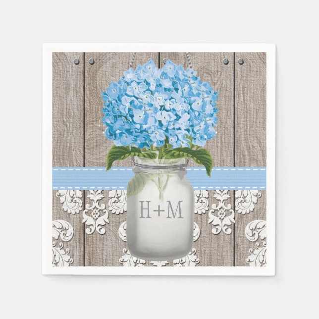 Blue Monogrammed Hydrangea Mason Jar Napkin (Front)
