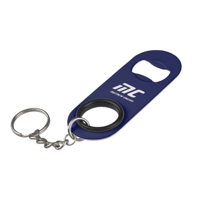 Blue Monogrammed Name Simple Typography for Him Keychain Bottle Opener (Front Angled)