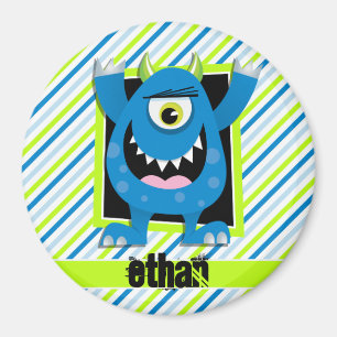 Blue Monster; Neon Green, White Stripes Magnet