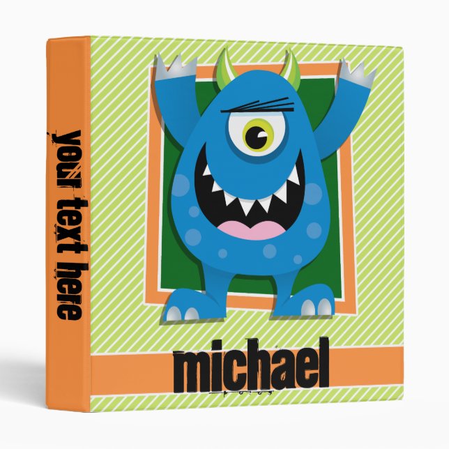 Blue Monster on Lime Green & White Stripes Binder (Front/Spine)
