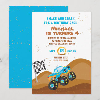 Blue Monster Truck 4th  Birthday Racing Invitation