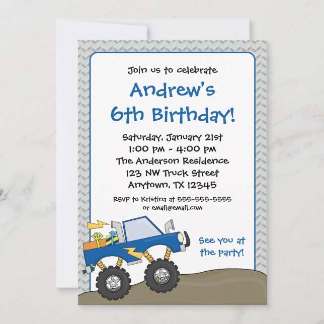 Blue Monster Truck Birthday Invitations (Front)